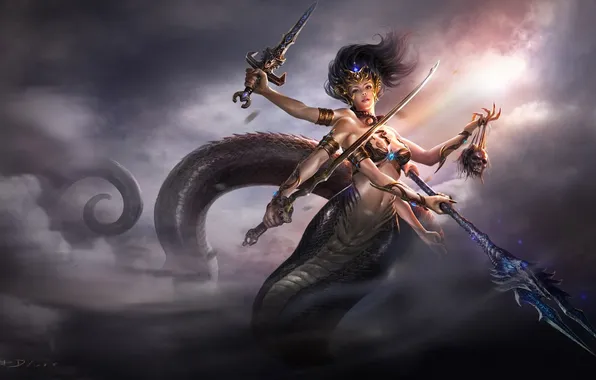 The sky, girl, clouds, weapons, snake, sword, head, art