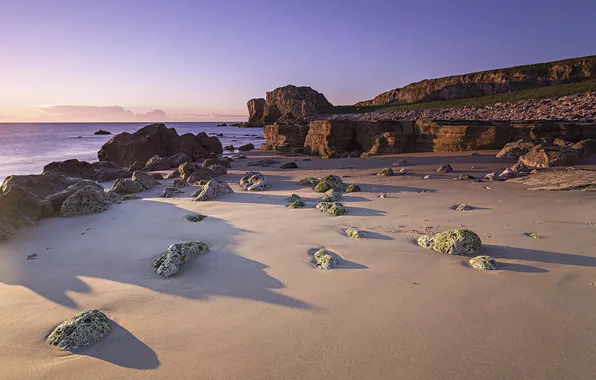 Beach, the sky, clouds, sunrise, stones, rocks, shadow