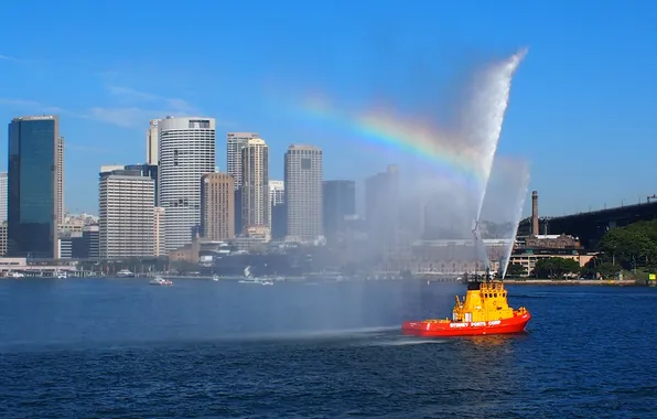 Squirt, rainbow, tug, greeting, jets of water, Sydney Cove, small ship