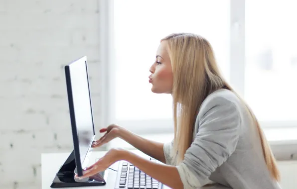 Picture girl, face, table, kiss, window, hairstyle, blonde, keyboard