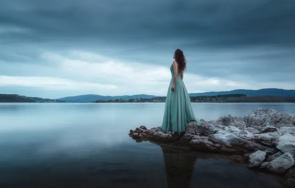 The sky, girl, clouds, clouds, nature, pose, lake, stones