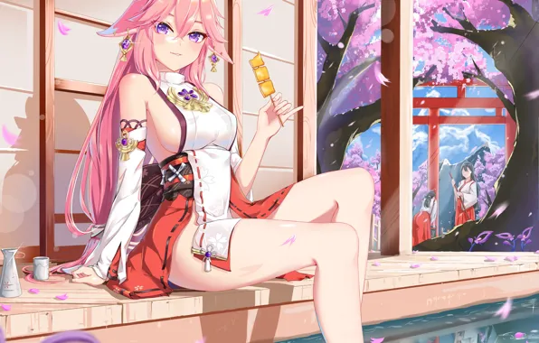 Food, priestess, Sakura spring, Genshin Impact, Yae Miko, Yae Miko