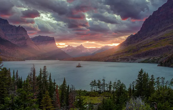 Forest, the sky, clouds, rays, light, mountains, clouds, lake