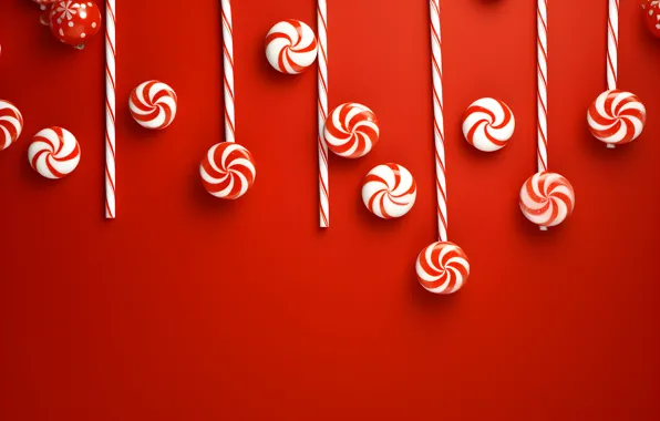 Strips, Christmas, candy, New year, red background, Lollipop, canes, AI art