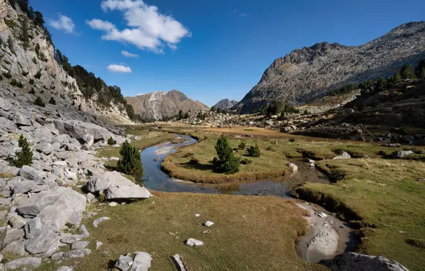 Clouds, mountains, nature, river, stones, space, Spain, river