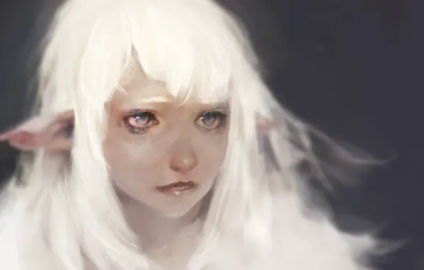 Sadness, eyes, Keunju Kim, rabbit eyes, snowelf by, white hair silver eyes