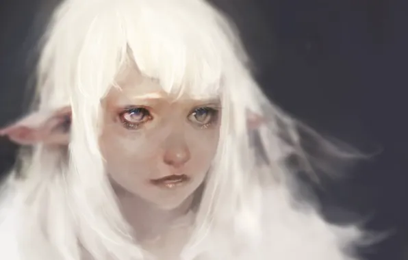 Picture sadness, eyes, Keunju Kim, rabbit eyes, snowelf by, white hair silver eyes