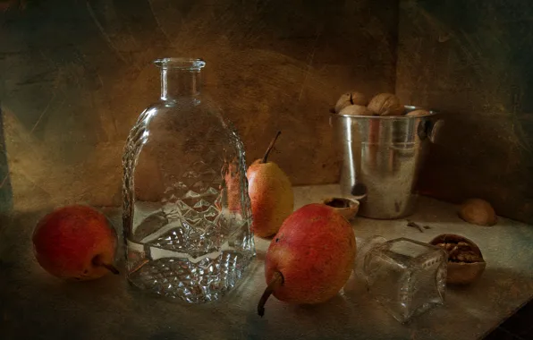 Nuts, still life, pear, decanter