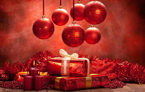 Balls, red, holiday, new year, Christmas, Candles