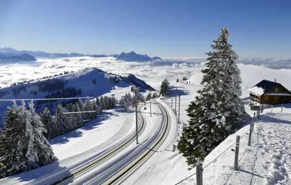 Picture winter, road, snow, trees, landscape, mountains, nature, house