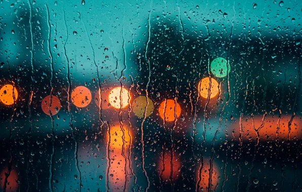 Glass, drops, lights, lights, background, rain, Wallpaper, street