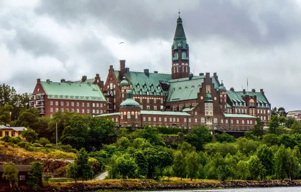 Trees, river, shore, Stockholm, Sweden, Palace
