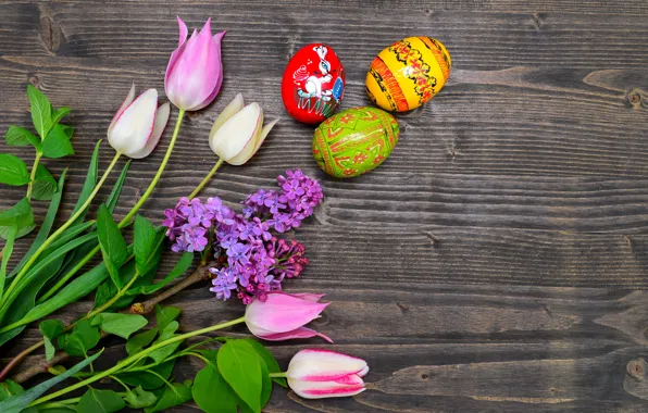 Picture flowers, eggs, Easter, tulips, happy, wood, pink, flowers