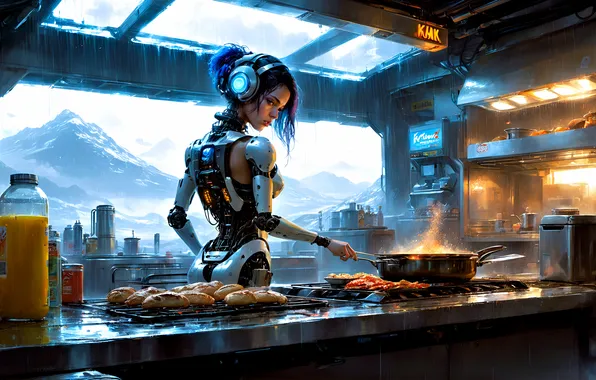 Android, headphones, the view from the window, in the kitchen, cakes, robot anime, cooks, humanoid …