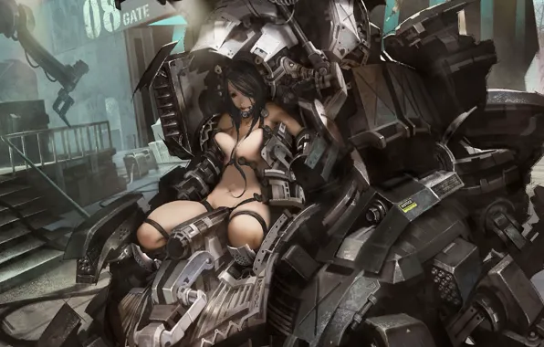 Machine, girl, metal, wire, robot, art, hangar, naked
