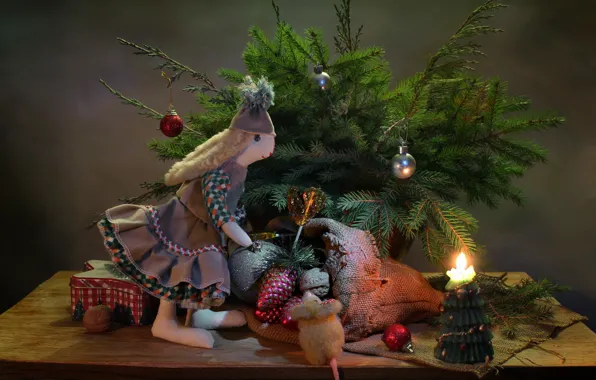 Winter, toys, tree, new year, Christmas, mouse, gifts, still life