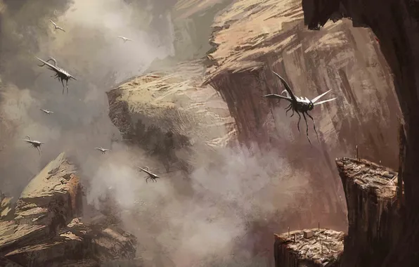 Mountains, rocks, wings, being, art, gorge, insect, fantasy world