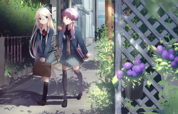 Road, flowers, art, girl, schoolgirl, vocaloid, yuzuki up, puzz