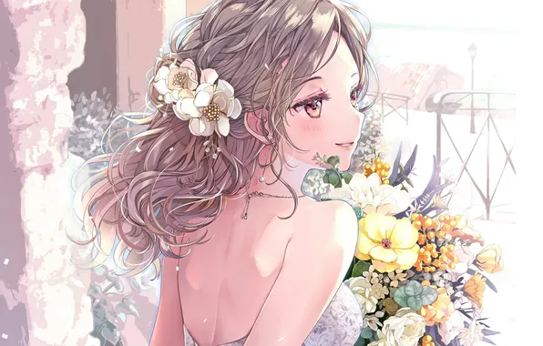 Corset, lace, a bouquet of flowers, flower in hair, the chain around his neck, bare …