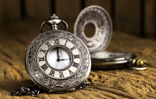 Picture the dark background, watch, chain, pocket watch, stone surface, carved case, Roman dial