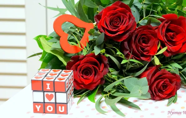 Roses, bouquet, hearts, cube, Rubik's cube, Valentine's day, Valentine's Day