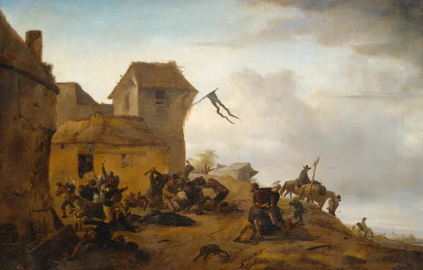 Oil, picture, canvas, Philips Bowerman, The fight of the Peasants in the Village