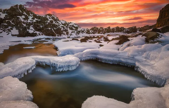 Winter, snow, sunset, mountains, river, ice, Iceland