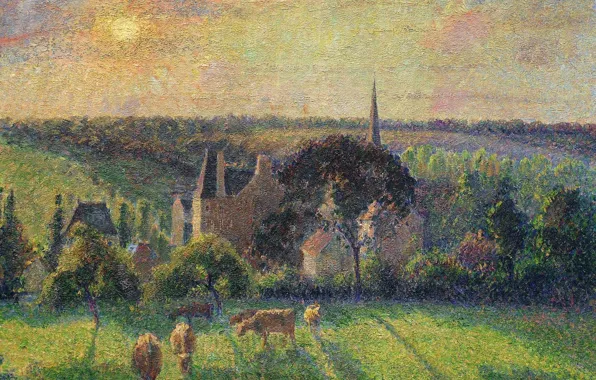 Sunset, hills, picture, cows, meadow, Camille Pissarro, Landscape at Eragny