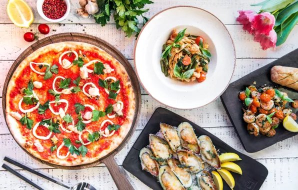 Pizza, cuts, noodles, Seafood