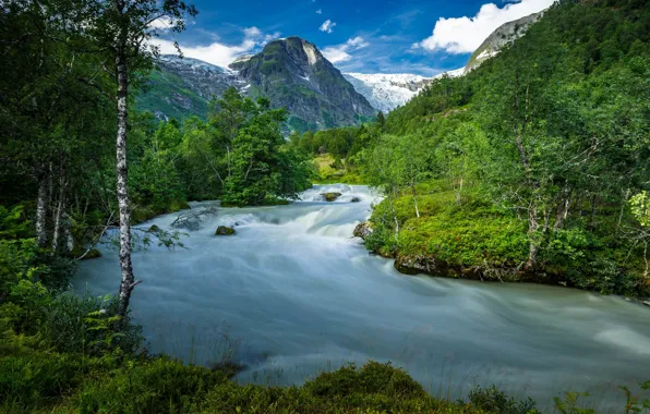 Summer, trees, mountains, river, Norway