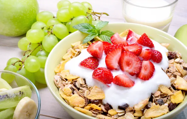 Apples, Breakfast, kiwi, strawberry, grapes, bananas, fruit, mint