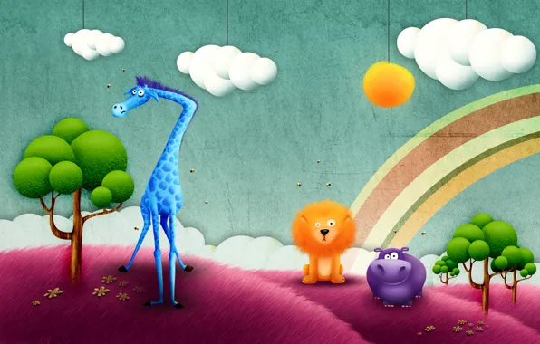 Rainbow, giraffe, Hippo, Africa