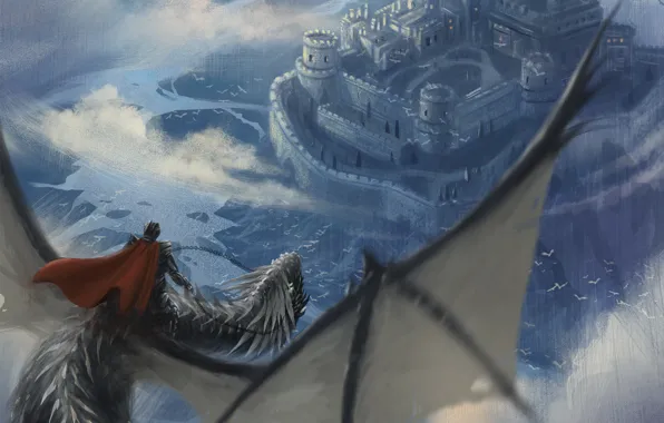 Flight, castle, dragon, art, rider, in the sky