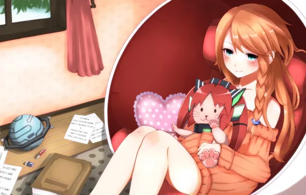 Look, girl, smile, room, toy, chair, blush, sitting