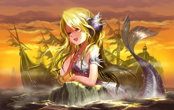 Picture sea, girl, fiction, mermaid, ships, anime, sink, red eyes