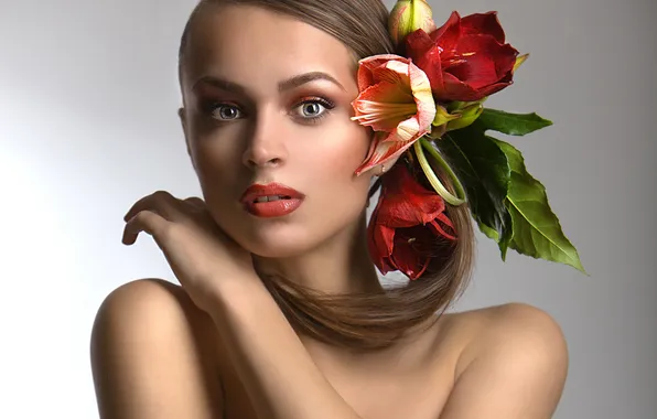 Picture look, flowers, face, model, makeup, lipstick, lips