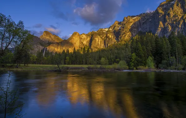 Forest, the sky, trees, mountains, lake, waterfall, USA, Yosemite National Park