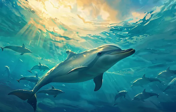 Water, dolphins, underwater world, the rays of the sun, digital art, AI art, The Art …