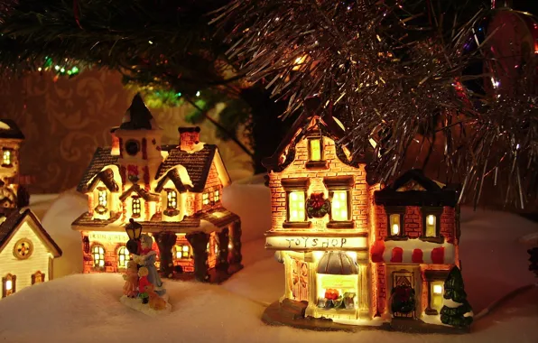 Snow, lights, houses, garland, Toys, decoration, snow, under the tree