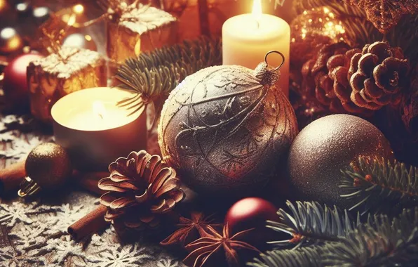 Balls, light, snowflakes, lights, table, Board, candles, Christmas