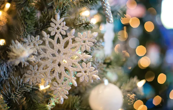 Picture holiday, toys, new year, ball, Christmas, tree, snowflake, bokeh