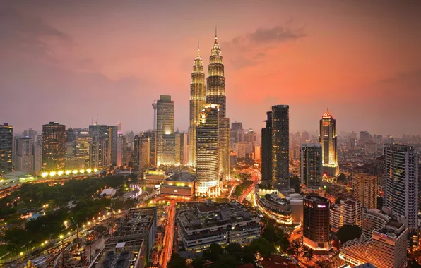 The city, lights, dawn, building, morning, Malaysia, Kuala Lumpur