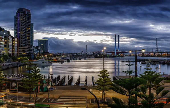 Picture the sky, clouds, bridge, lights, home, the evening, Australia, Bay