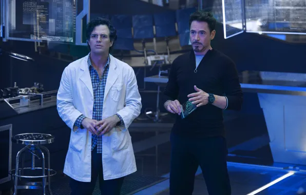 Picture frame, Hulk, laboratory, Iron Man, Robert Downey Jr., Robert Downey Jr., Mark Ruffalo, Mark Ruffalo