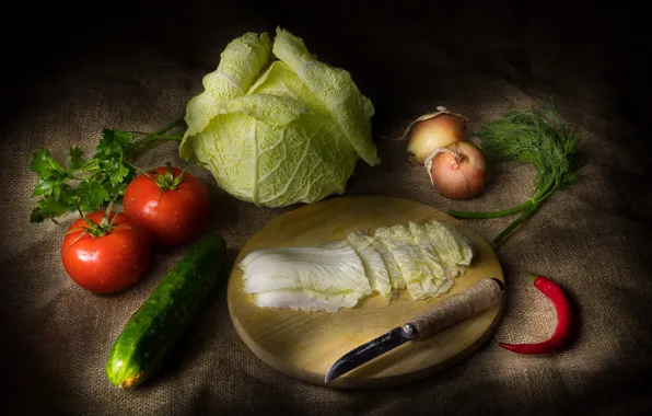 Greens, still life, vegetables, cabbage, cucumbers