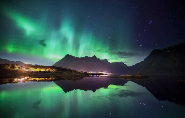 Light, mountains, night, reflection, Northern lights, town, the village, the fjord