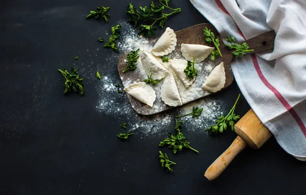 Greens, table, towel, parsley, flour, dumplings, cutting Board, raw