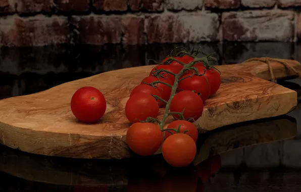 Bricks, tomatoes, cutting Board