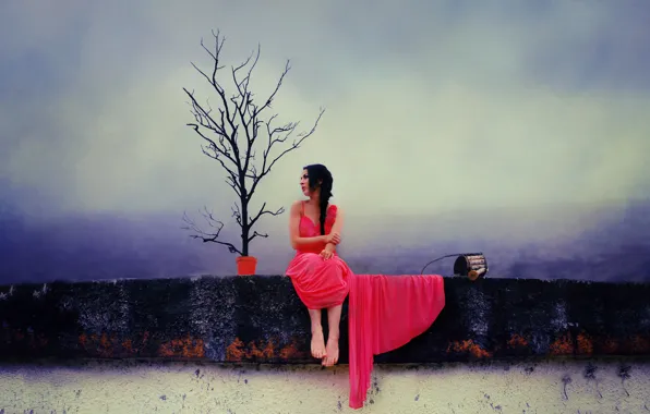 Wall, tree, feet, wall, red dress, tree, thinking, red dress