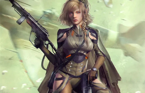 Girl, gun, fiction, soldiers, machine, cyberpunk, World War 2